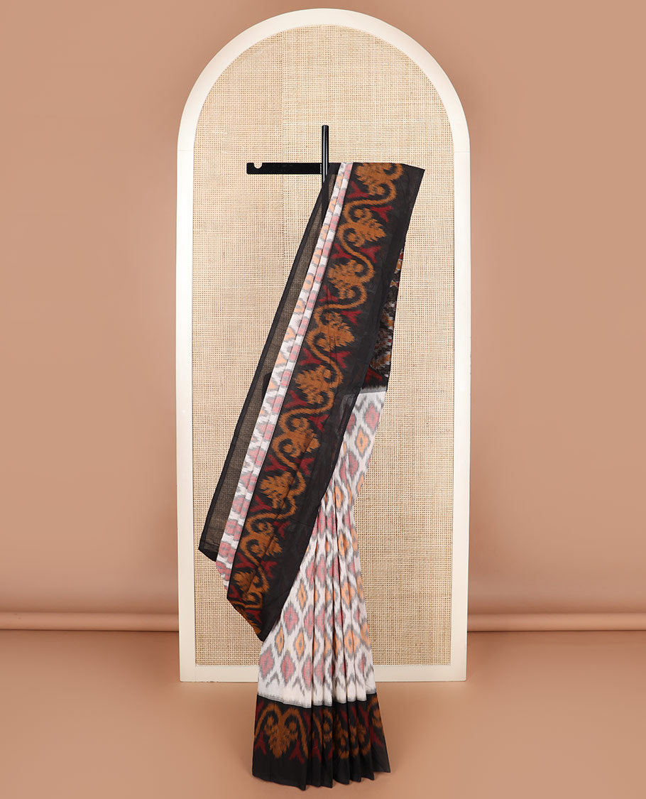 Half-white argyle design Pochampally ikkat saree, contrast ikkat border, and ikkat design pallu