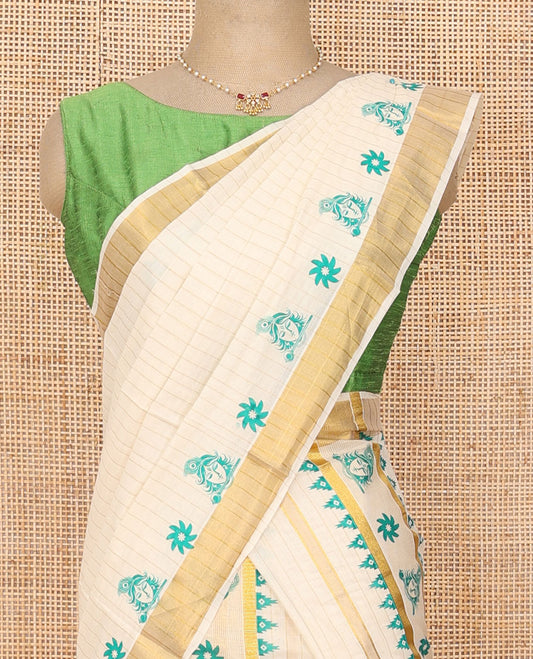 Cream base golden vertically striped with flower and Krishna motifs printed Kerala Mundu set, zari border