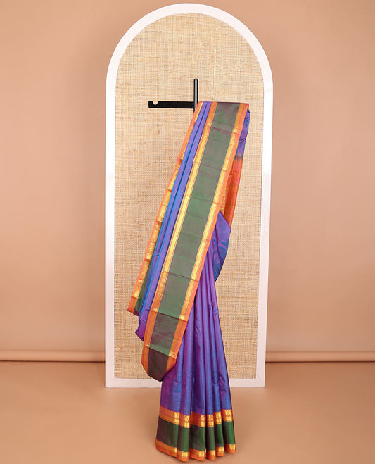 Violet striped kancheepuram silk saree with contrast intricate rettai pettu zari design border & striped pallu