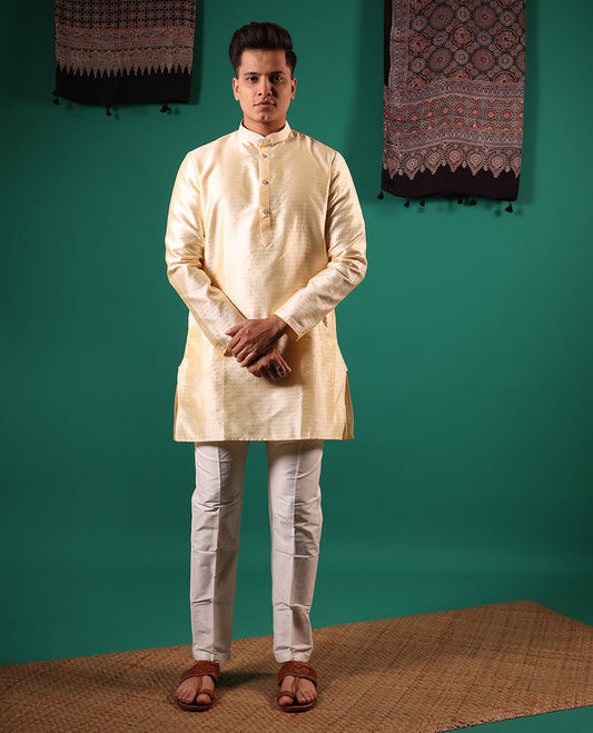 Ivory unique patterns embossed full-sleeved men's kurta set