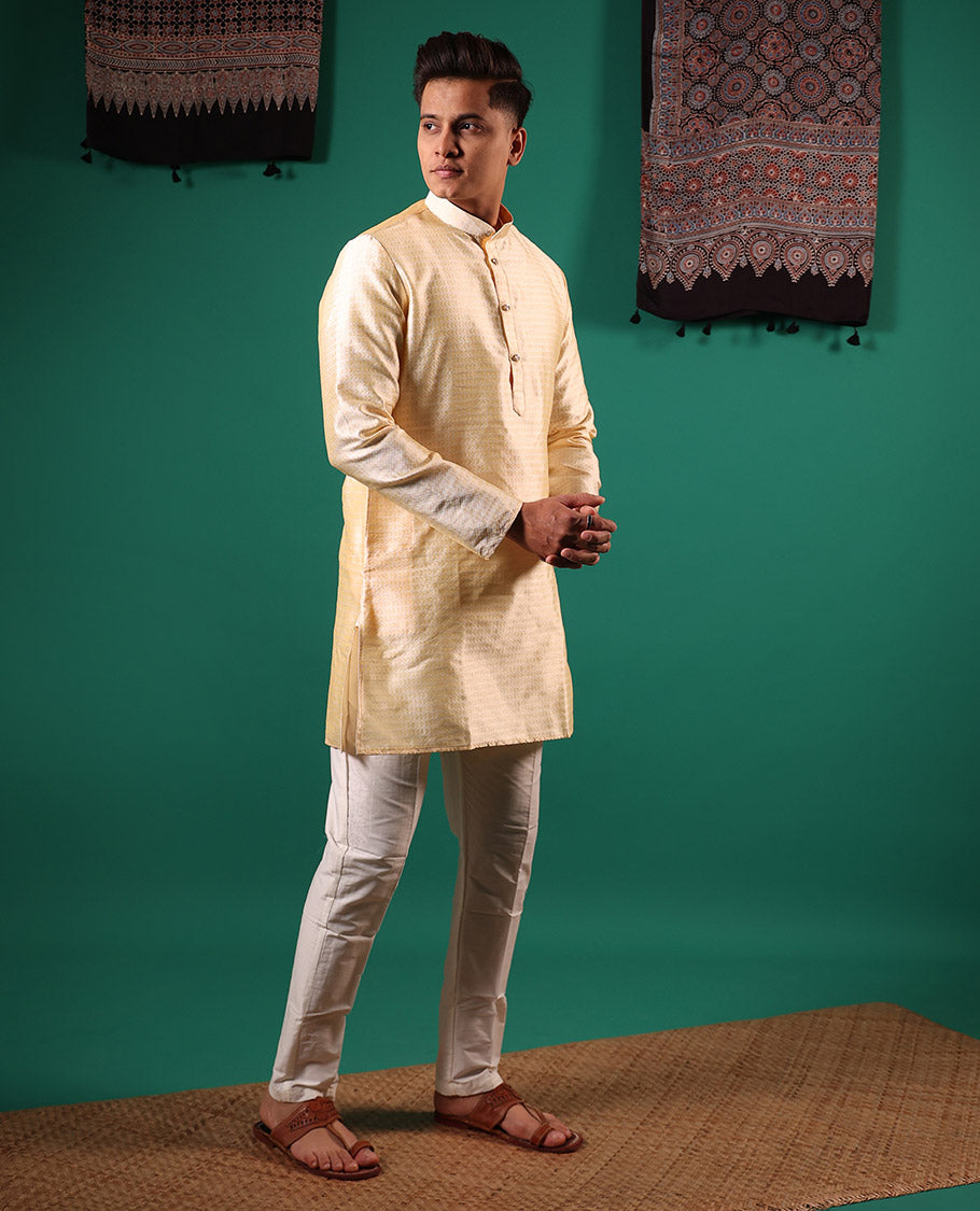 Ivory unique patterns embossed full-sleeved men's kurta set