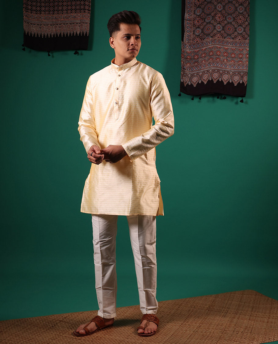 Ivory unique patterns embossed full-sleeved men's kurta set