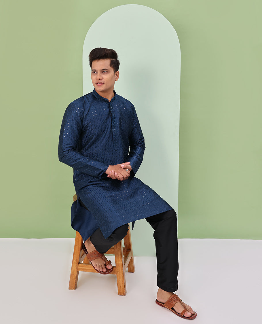 Natural sapphire blue argyle design sequins embroidered full-sleeve kurta set