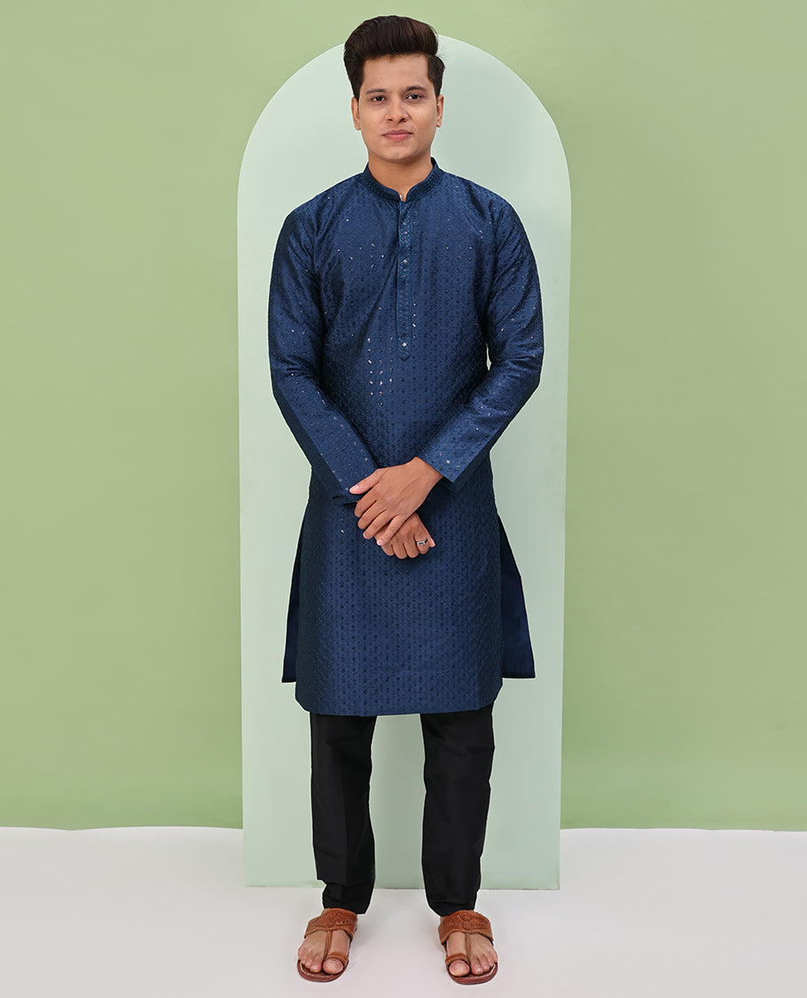 Natural sapphire blue argyle design sequins embroidered full-sleeve kurta set