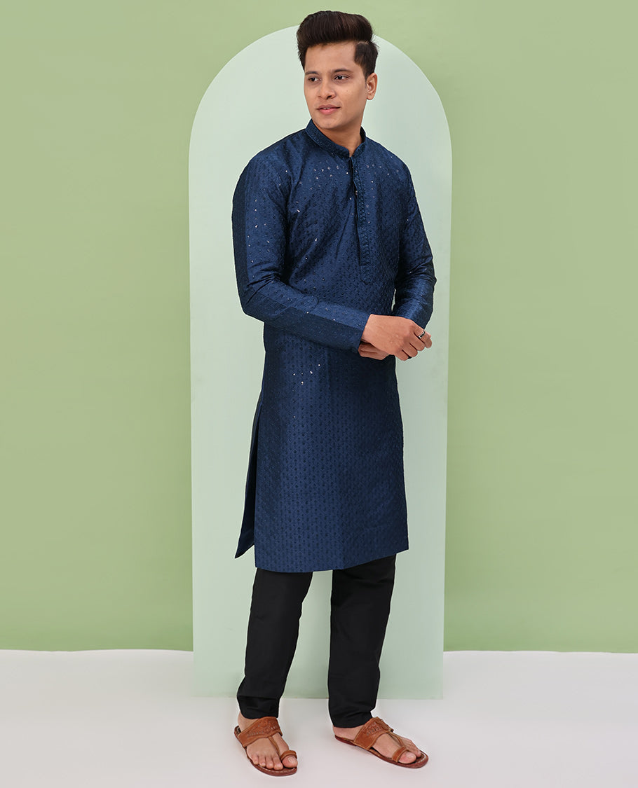 Natural sapphire blue argyle design sequins embroidered full-sleeve kurta set