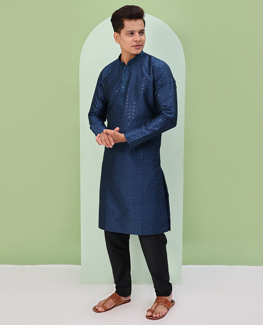 Natural sapphire blue argyle design sequins embroidered full-sleeve kurta set