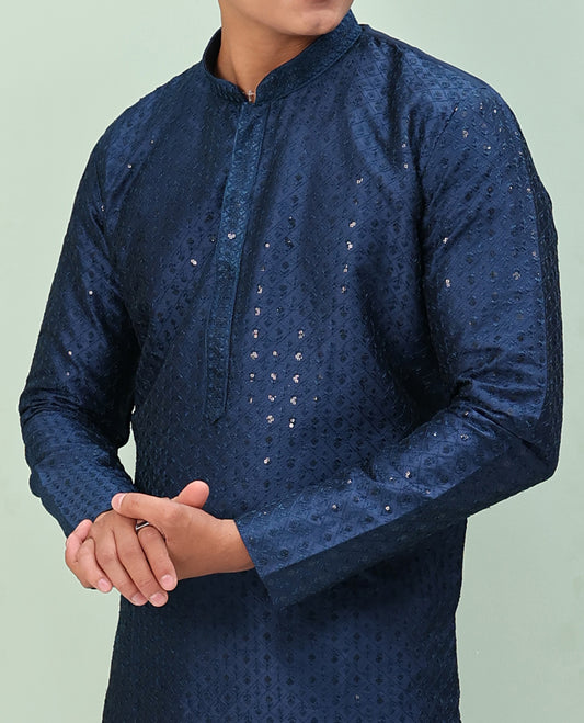 Natural sapphire blue argyle design sequins embroidered full-sleeve kurta set