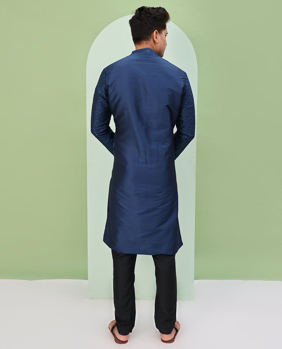 Natural sapphire blue argyle design sequins embroidered full-sleeve kurta set