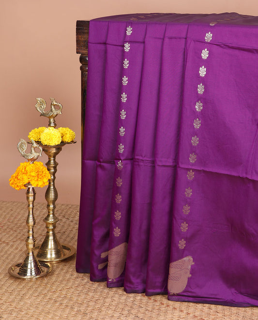 Purple zari butta design soft silk saree with bird zari design border & rich pallu along with butta design blouse