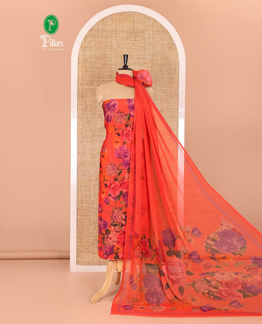 Red material chudidar set, realistic floral-printed Italian crepe top, a plain bottom, and a floral-printed georgette dupatta