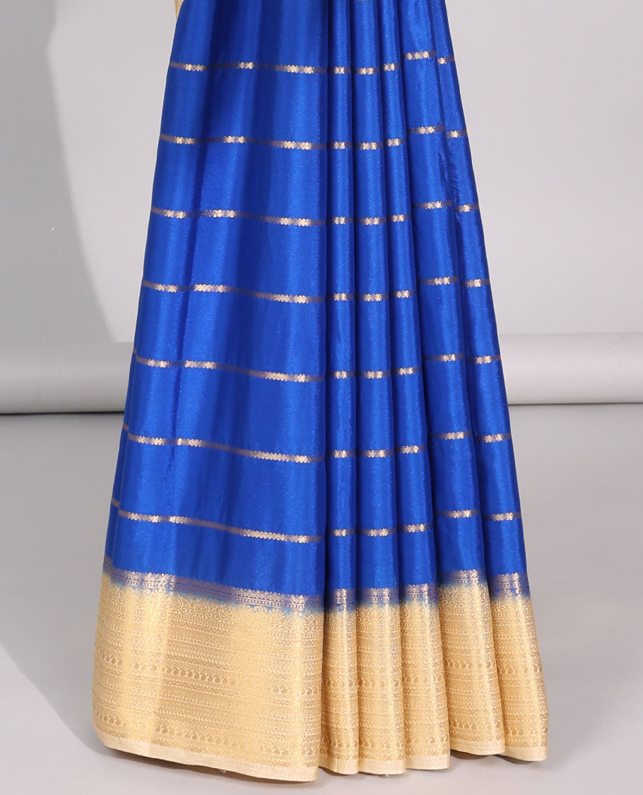 Blue striped mysore silk saree with contrast zari design border & animal,human,floral motifs print pallu