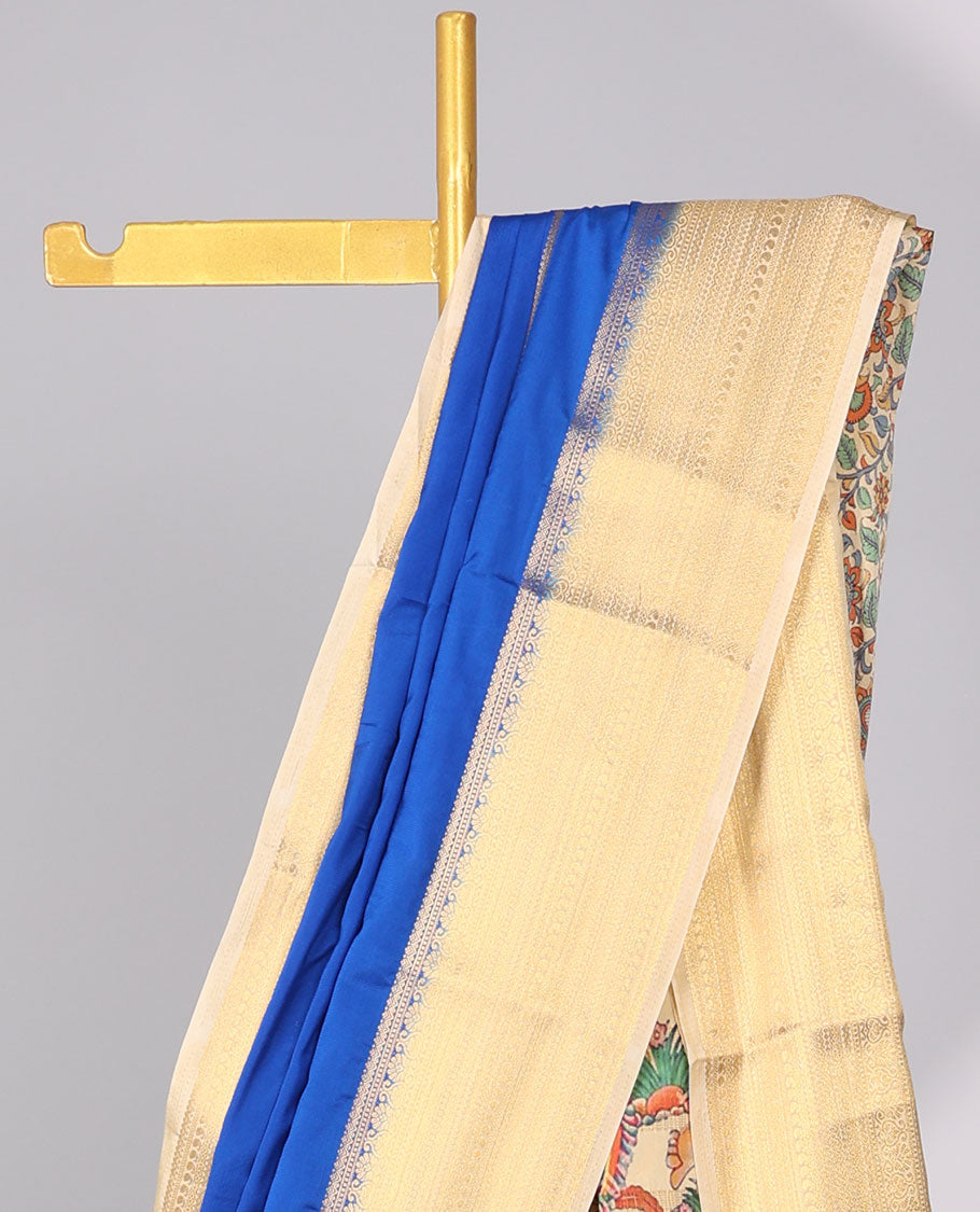 Blue striped mysore silk saree with contrast zari design border & animal,human,floral motifs print pallu