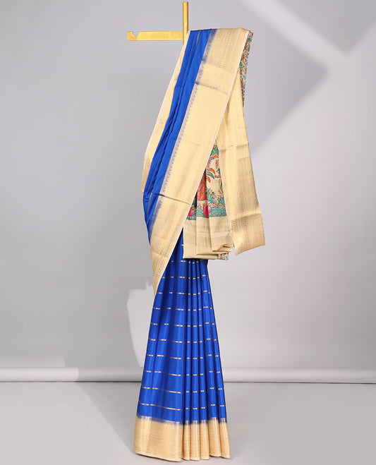 Blue striped mysore silk saree with contrast zari design border & animal,human,floral motifs print pallu