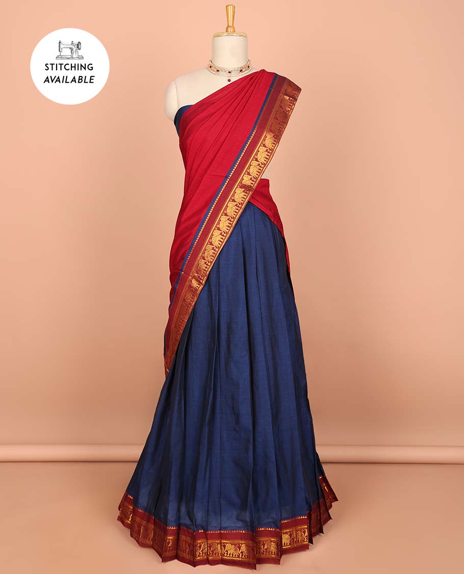 Blue cotton half saree with contrast zari border, plain blouse & plain with zari border dhavani