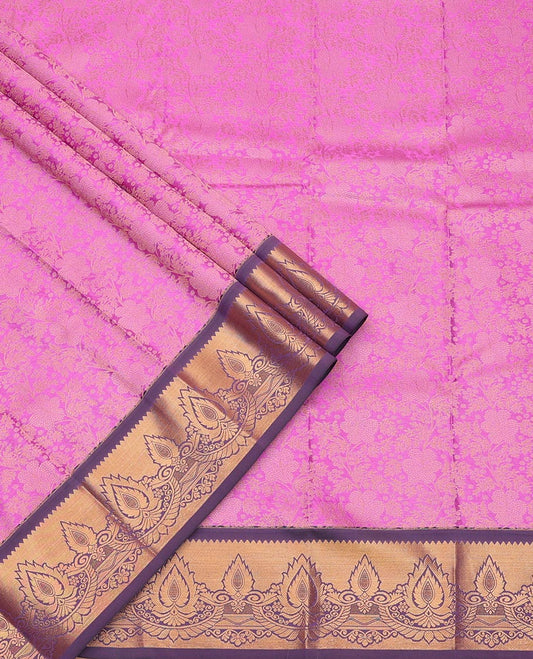 Purple Art Silk Pavadai Material Set, Prettified with Zari Jacquard Designs on Its Skirt, Complemented by a Contrast Traditional Zari Design Border, and Paired with a Contrast Blouse