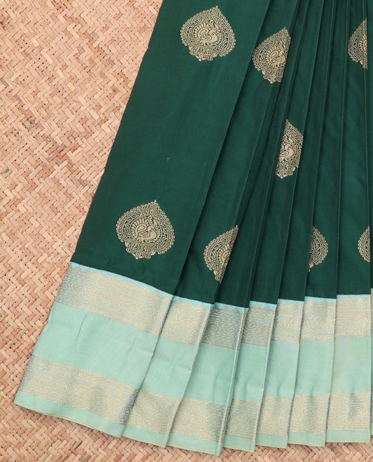 Green Budget Silk Saree, Adorned with Zari Buttas All Over Its Body, Complemented by a Contrast Traditional Zari Design Border, Grand Pallu, and Paired with a Contrast Blouse