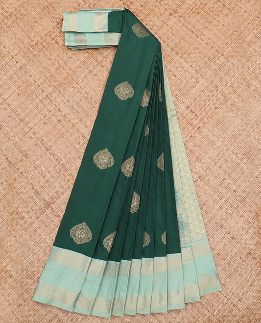 Green Budget Silk Saree, Adorned with Zari Buttas All Over Its Body, Complemented by a Contrast Traditional Zari Design Border, Grand Pallu, and Paired with a Contrast Blouse