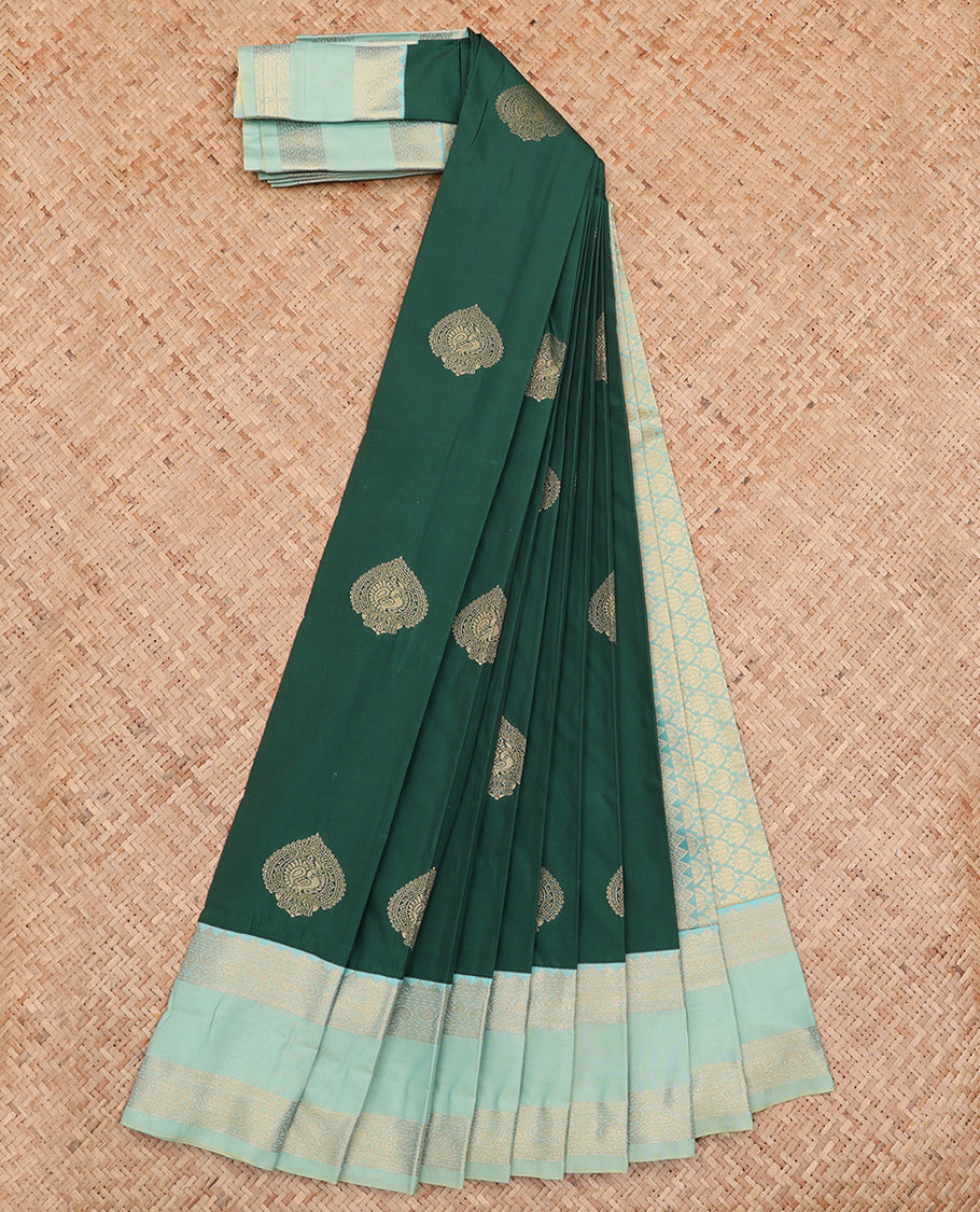 Green Budget Silk Saree, Adorned with Zari Buttas All Over Its Body, Complemented by a Contrast Traditional Zari Design Border, Grand Pallu, and Paired with a Contrast Blouse