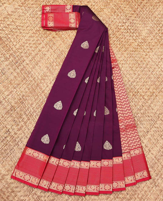 Purple Budget Silk Saree, Elevated with Zari Buttas, Complemented by a Contrast Traditional Zari Border, Paisley Pallu, and a Contrast Blouse