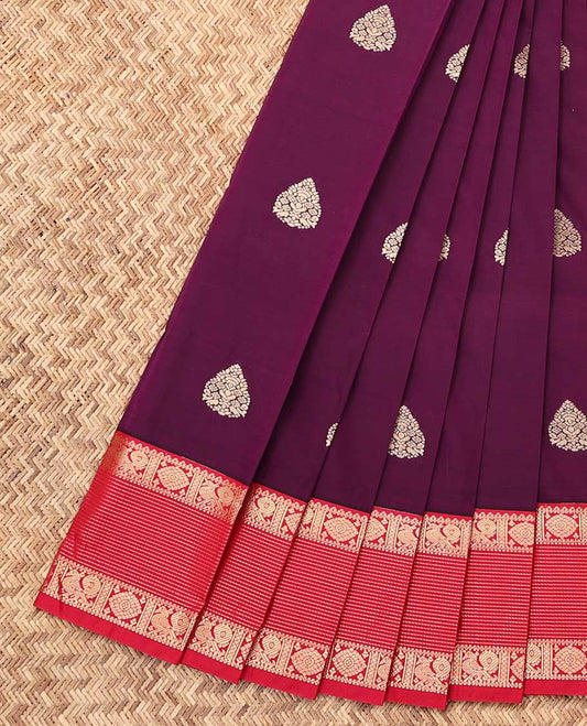 Purple Budget Silk Saree, Elevated with Zari Buttas, Complemented by a Contrast Traditional Zari Border, Paisley Pallu, and a Contrast Blouse
