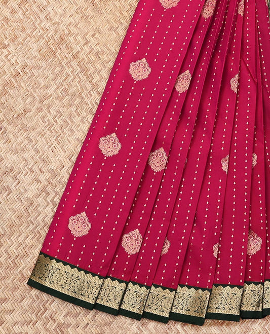 Red Budget Silk Saree, Steeped with Zari Buttas, Contrast Traditional Zari Border, Geometric Pallu, and a Contrast Blouse