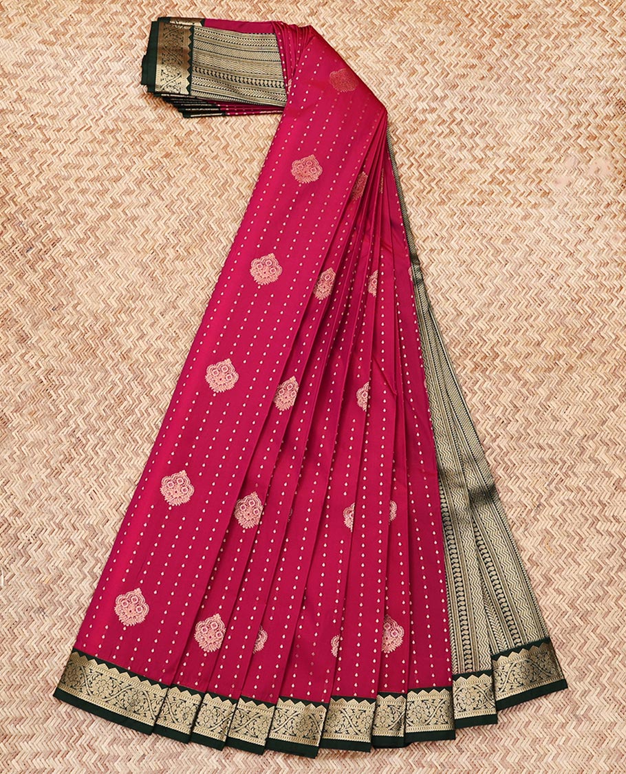 Red Budget Silk Saree, Steeped with Zari Buttas, Contrast Traditional Zari Border, Geometric Pallu, and a Contrast Blouse
