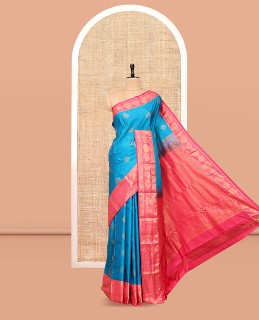 Blue Budget Silk Saree, Gleamed Up with Zari Buttas, Complemented by Contrast Traditional Zari Border, Pallu of Intricate Design, and Contrast Blouse