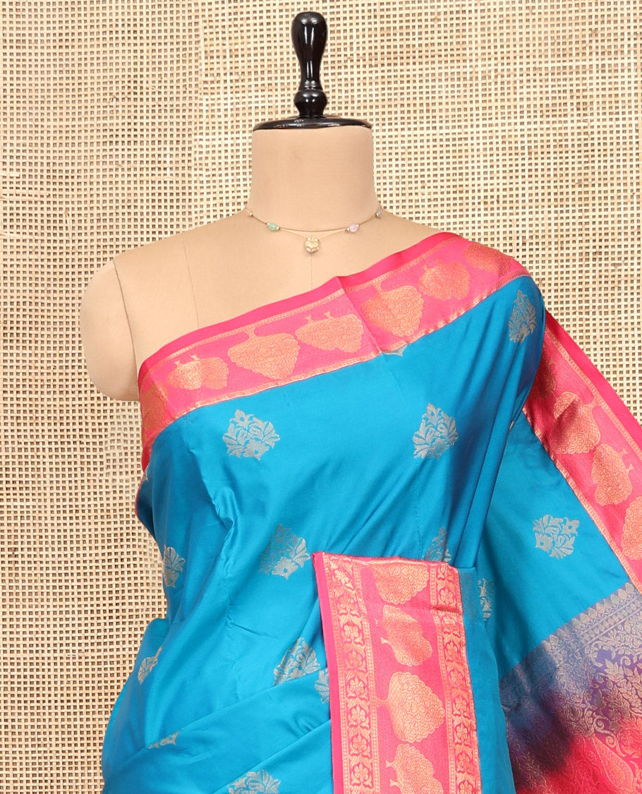 Blue Budget Silk Saree, Gleamed Up with Zari Buttas, Complemented by Contrast Traditional Zari Border, Pallu of Intricate Design, and Contrast Blouse