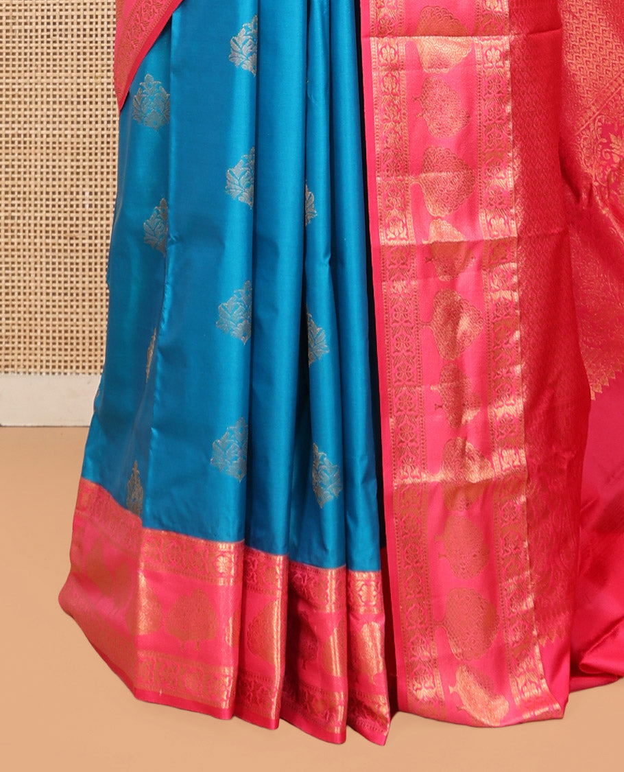 Blue Budget Silk Saree, Gleamed Up with Zari Buttas, Complemented by Contrast Traditional Zari Border, Pallu of Intricate Design, and Contrast Blouse