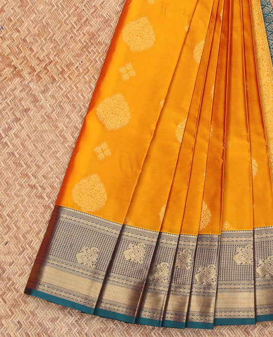 Yellow Budget Silk Saree, Subtly Sparkled with Zari Buttas All Over Its Body, Complemented by a Contrast Traditional Zari Design Border, Grand Jaal Pallu, and Paired with a Contrast Blouse