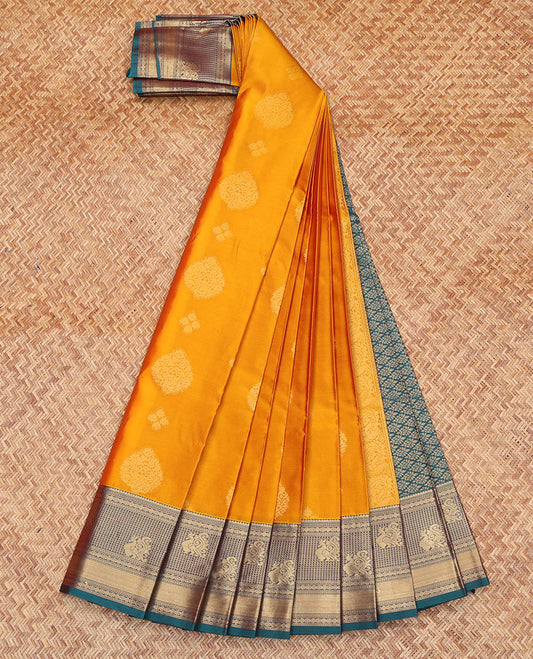 Yellow Budget Silk Saree, Subtly Sparkled with Zari Buttas All Over Its Body, Complemented by a Contrast Traditional Zari Design Border, Grand Jaal Pallu, and Paired with a Contrast Blouse