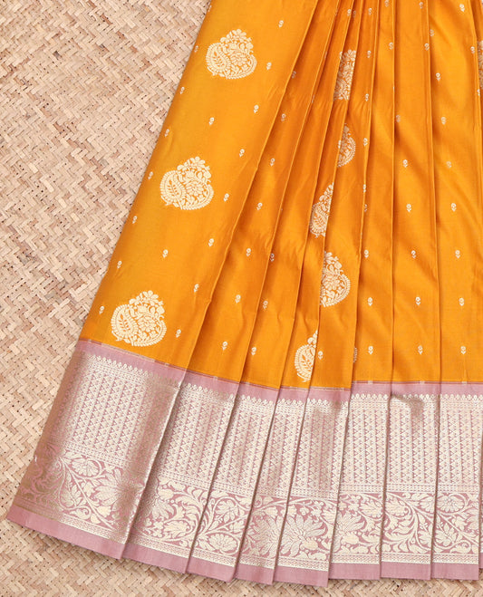 Orange Budget Silk Saree, Highlighted with Zari Buttas on Its Body, Complemented by a Contrast Traditional Zari Border, Diagonally Striped Pallu, and Paired with a Contrast Blouse