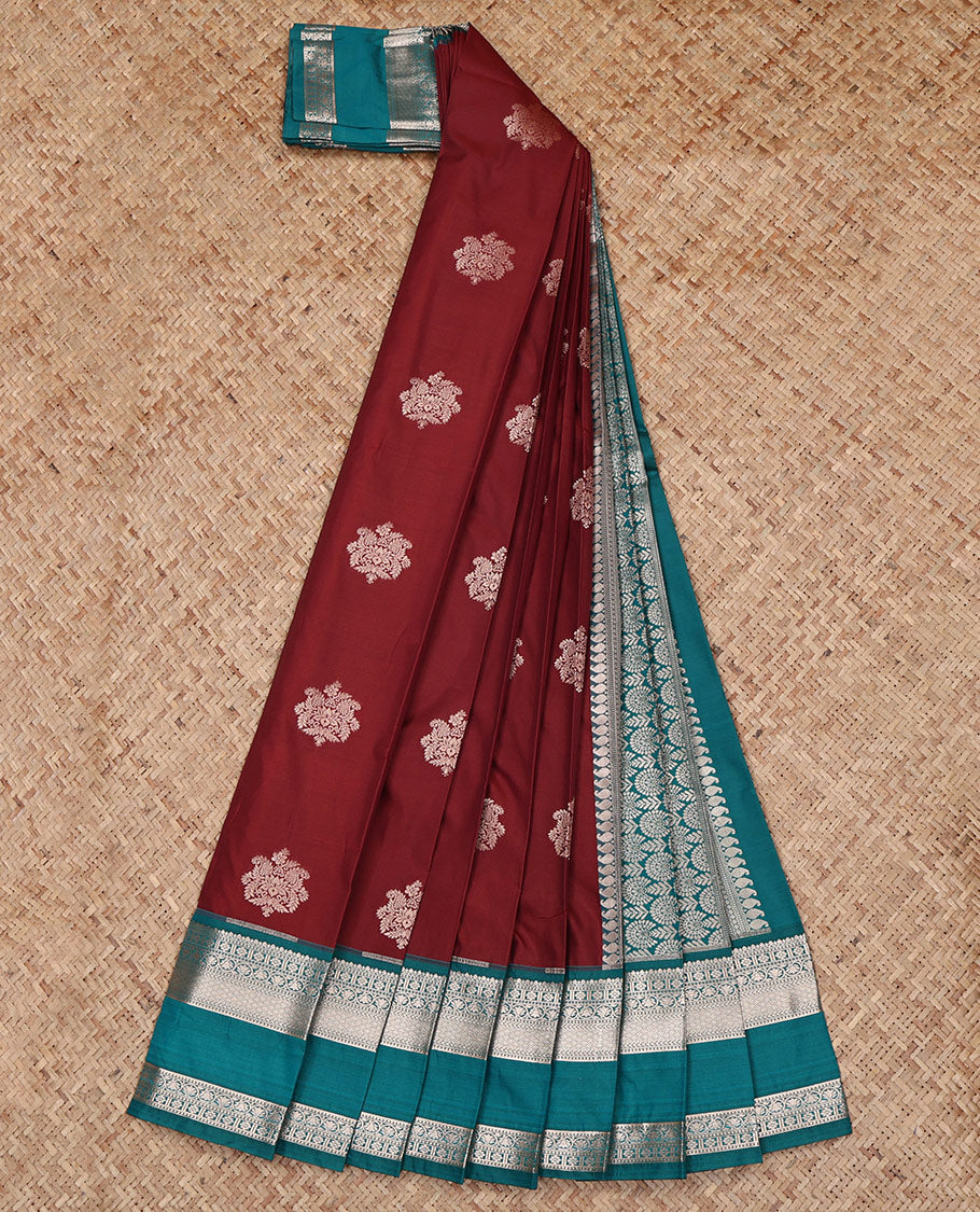 Maroon Budget Silk Saree, Featuring Zari Buttas All Over Its Body, Complemented by a Contrast Traditional Zari Design Rettai Pettu Border, Intricately Designed Pallu, and Paired with a Contrast Blouse