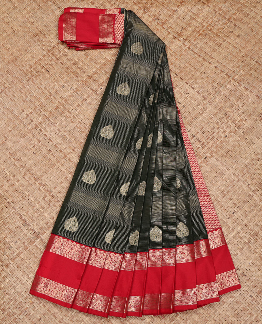 Black Budget Silk Saree, Decorated with Zari Buttas and Stripes on Its Body, Complemented by a Contrast Traditional Zari Design Rettai Pettu Border, Grand Jaal Pallu, and Paired with a Contrast Blouse