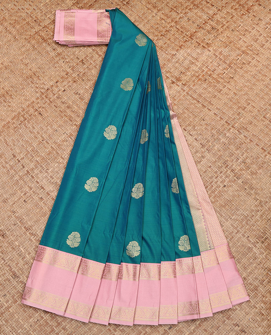 Peacock Color Budget Silk Saree Featuring Zari Buttas, Complemented by Contrast Floral Creeper Rettai Pettu Border, Grand Pallu and a Contrast Blouse