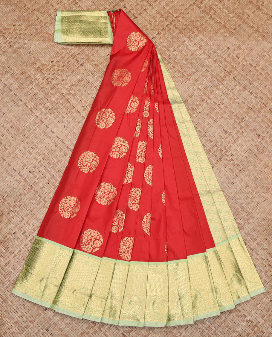 Rust Budget Silk Saree, Woven with Zari Buttas, Contrast Traditional Zari Border, Grand Pallu, and a Contrast Blouse