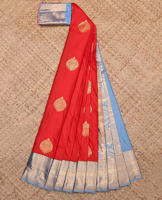 Rust Budget Silk Saree Depicts Zari Buttas, Complemented by Contrast Traditional Zari Border, Grand Pallu and a Contrast Blouse