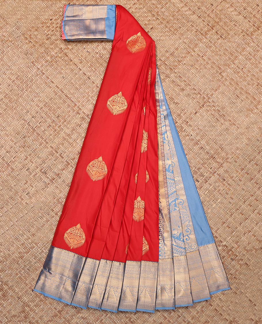 Rust Budget Silk Saree Depicts Zari Buttas, Complemented by Contrast Traditional Zari Border, Grand Pallu and a Contrast Blouse