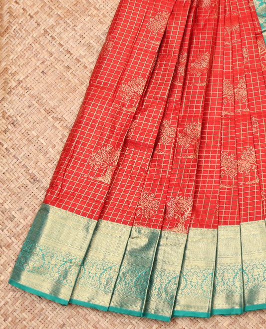 Red Budget Silk Saree, Opulently Embellished with Zari Buttas and Checks, Complemented by Contrast Traditional Zari Border, Intricate Pallu, and Contrast Blouse