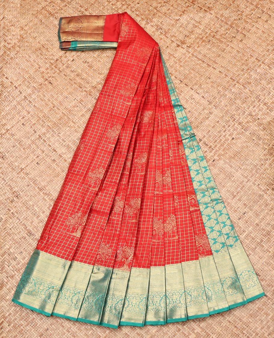 Red Budget Silk Saree, Opulently Embellished with Zari Buttas and Checks, Complemented by Contrast Traditional Zari Border, Intricate Pallu, and Contrast Blouse