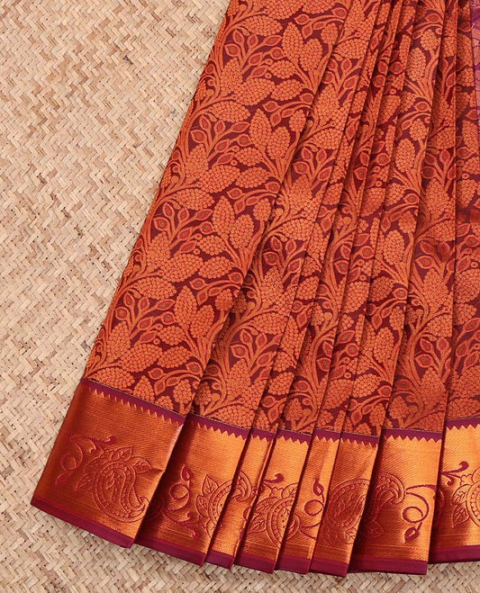 Maroon Budget Silk Saree, Enriched with a Floral Vine Design, Complemented by a Contrast Floral Creeper Zari Border, Grand Jaal Pallu, and a Contrast Blouse