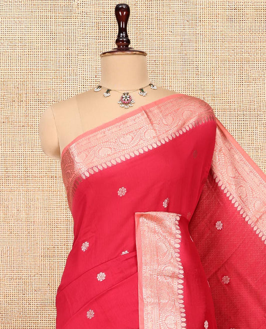Red Assam Silk Saree, Decorated with Zari Buttas, Complemented by a Contrast Zari Traditional Border, Zari-Striped Pallu, and a Contrast Blouse