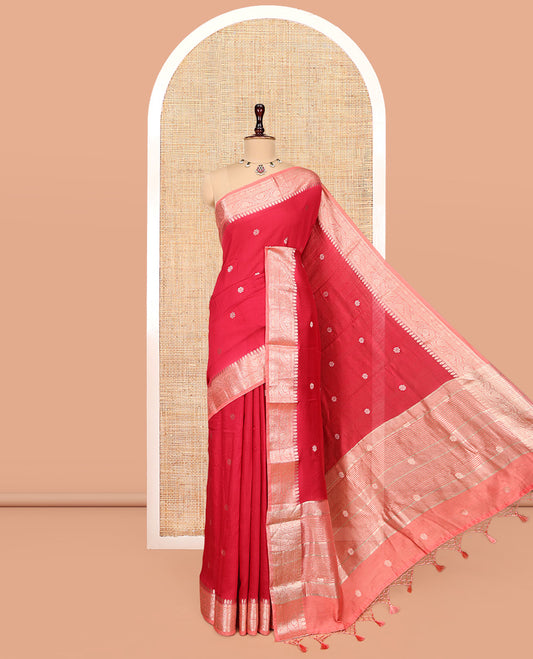 Red Assam Silk Saree, Decorated with Zari Buttas, Complemented by a Contrast Zari Traditional Border, Zari-Striped Pallu, and a Contrast Blouse