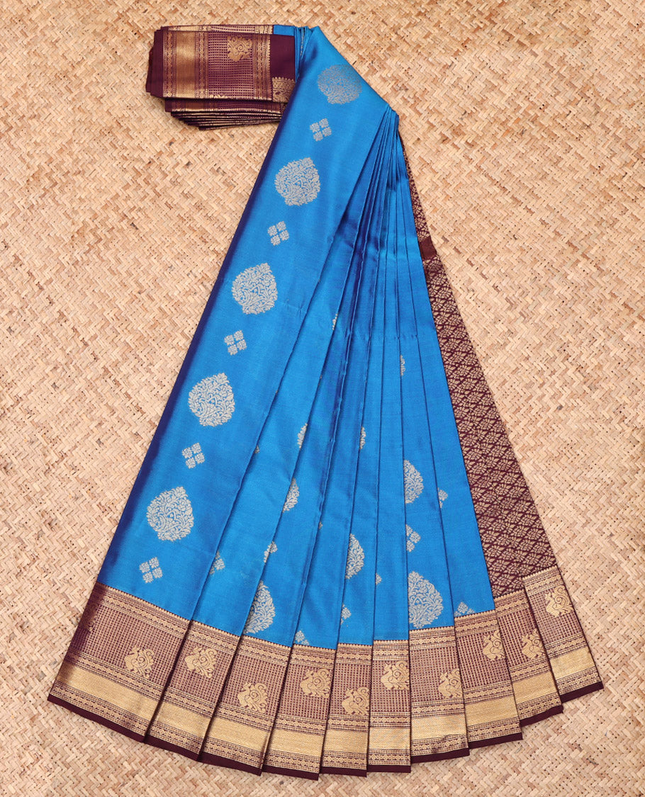 Blue Budget Silk Saree, Detailed with Zari Buttas, Complemented by a Contrast Traditional Zari Border, Grand Pallu, and a Contrast Blouse