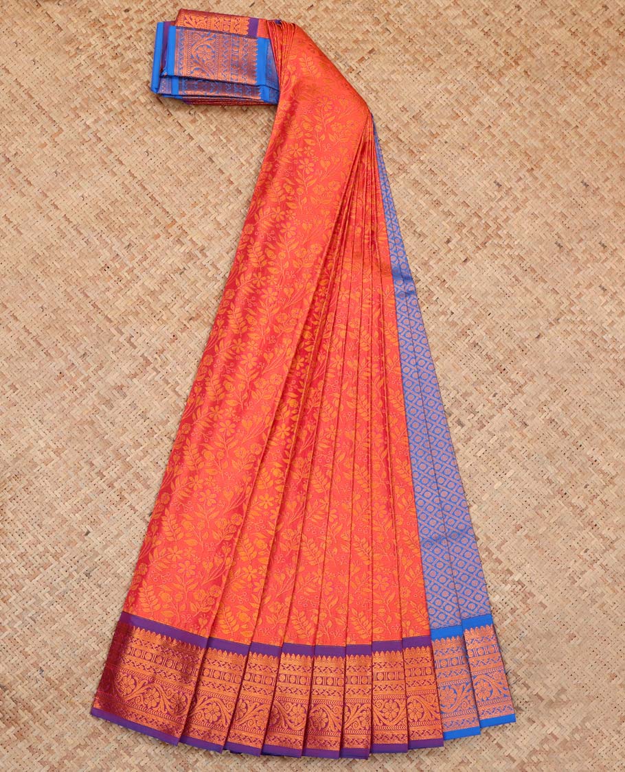 Red Budget Silk Saree, Detailed with Floral Vine Design, Complemented by Contrast Traditional Zari Border, a Jaal Pallu and a Contrast Blouse