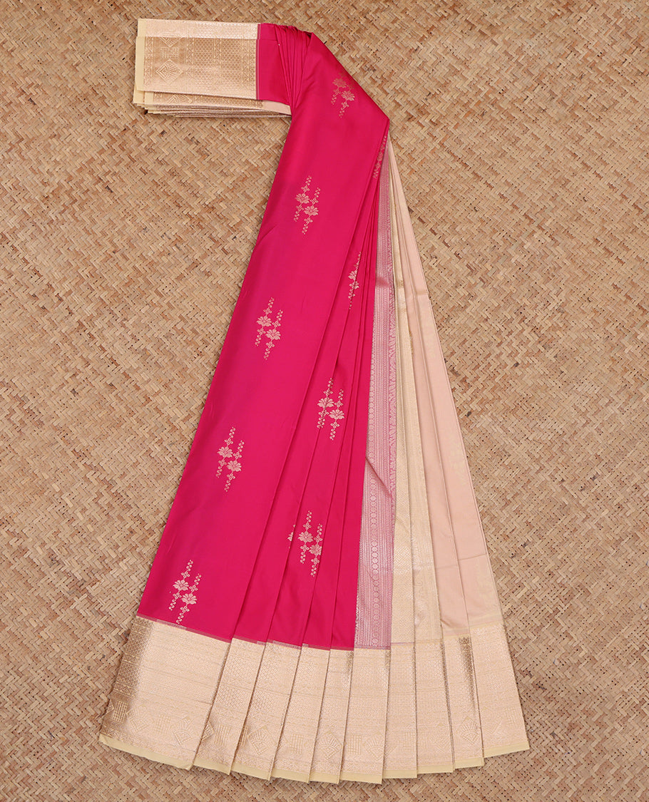 Pink Budget Silk Saree, Detailed with Zari Buttas, Complemented by a Contrast Traditional Zari Border, Grand Pallu, and a Contrast Blouse