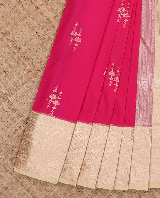 Pink Budget Silk Saree, Detailed with Zari Buttas, Complemented by a Contrast Traditional Zari Border, Grand Pallu, and a Contrast Blouse