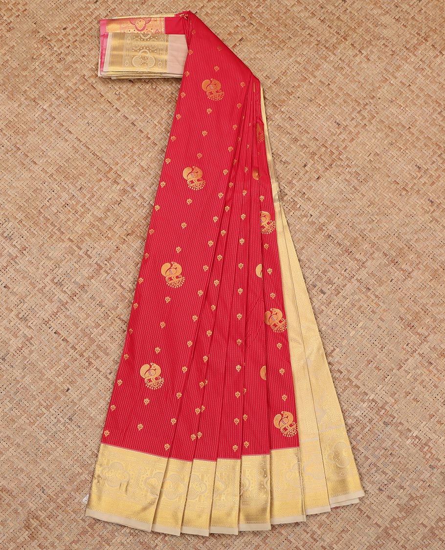 Red Budget Silk Saree, Woven with Stripes and Peacock Buttas, a Contrast Traditional Elephant Zari Border, a Grand Pallu and a Contrast Blouse