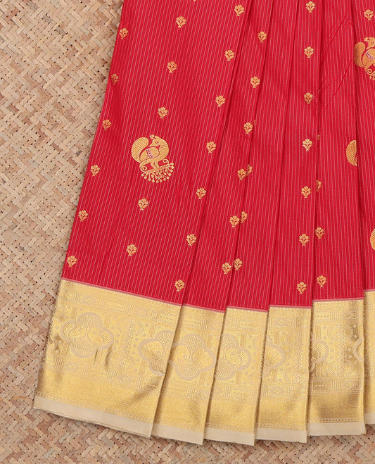 Red Budget Silk Saree, Woven with Stripes and Peacock Buttas, a Contrast Traditional Elephant Zari Border, a Grand Pallu and a Contrast Blouse