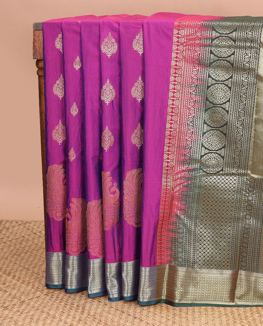 Dark pink floral motifs gift saree with contrast intricate zari design border & floral design pallu